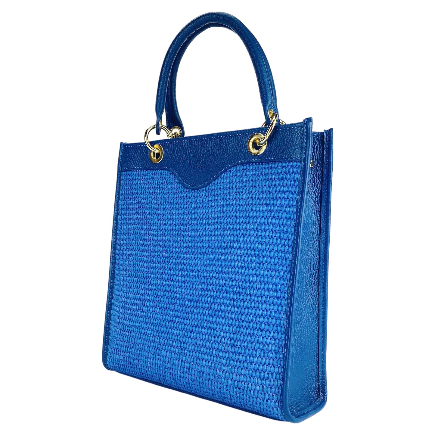 RB1026CH  | Borsa Donna a mano verticale in Vera Pelle e Paglia Made in Italy. Tracolla removibile e regolabile in pelle. Accessori Oro Lucido - Colore Blu Royal - Dimensioni: cm 24 x 29 x 9-0