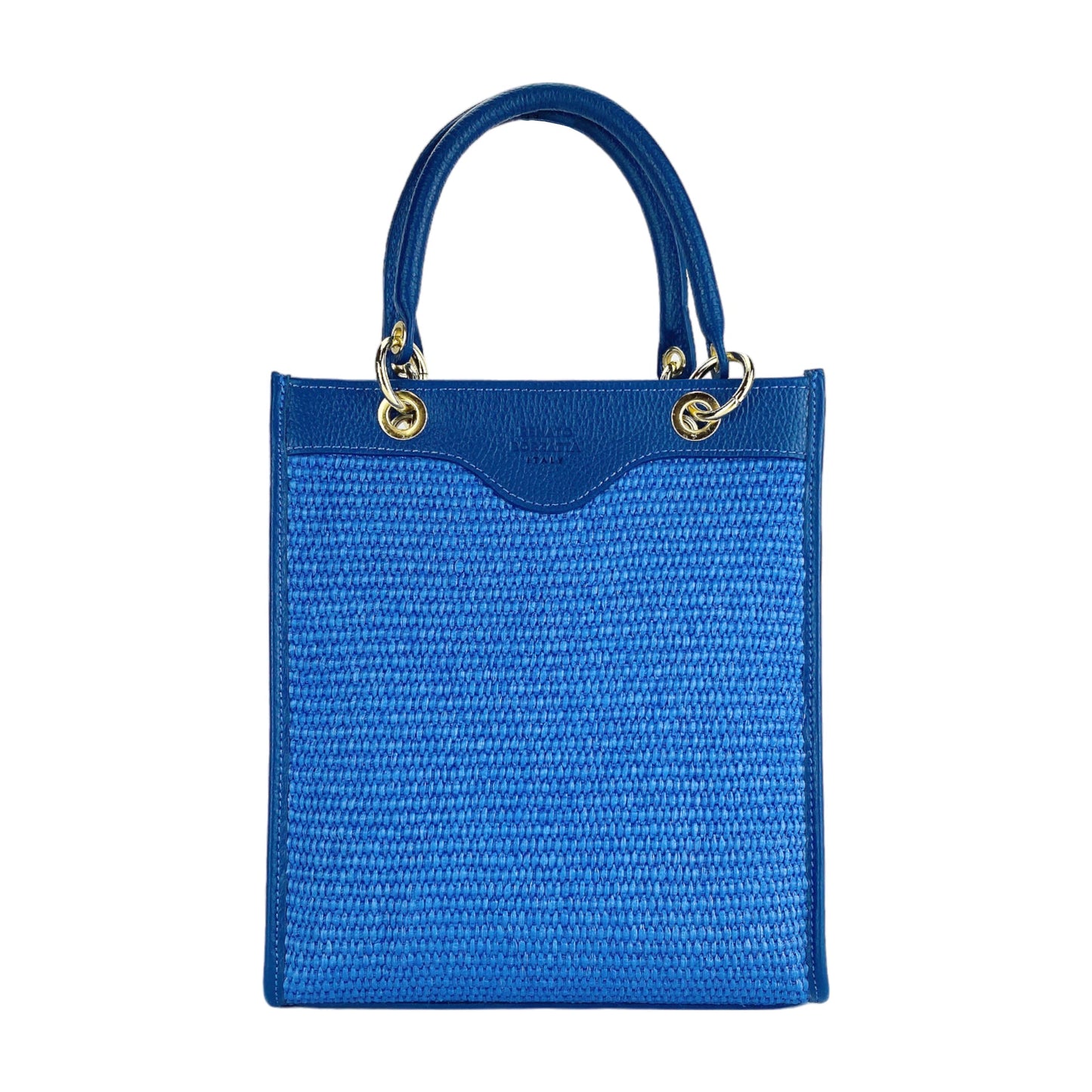 RB1026CH  | Borsa Donna a mano verticale in Vera Pelle e Paglia Made in Italy. Tracolla removibile e regolabile in pelle. Accessori Oro Lucido - Colore Blu Royal - Dimensioni: cm 24 x 29 x 9-1