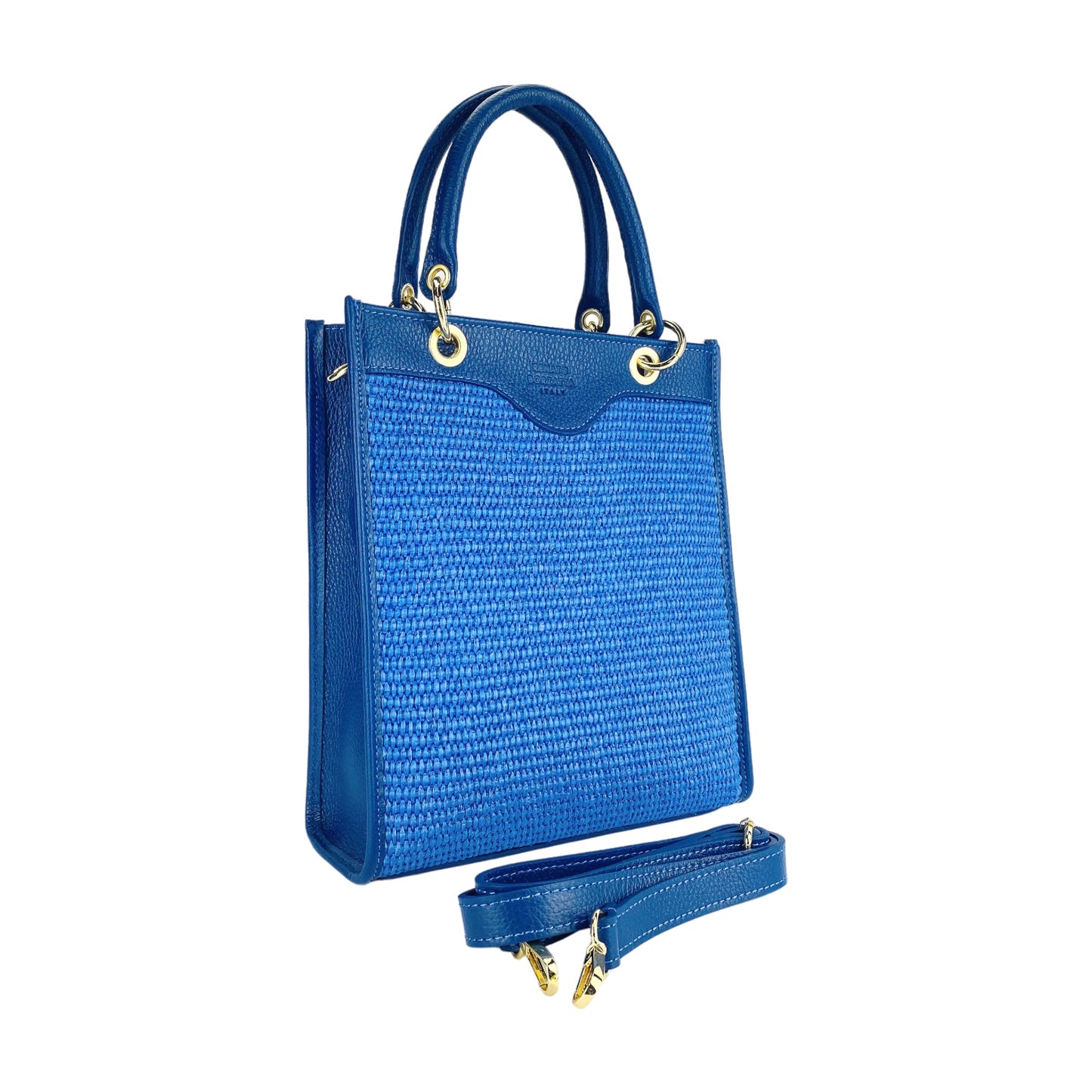 RB1026CH  | Borsa Donna a mano verticale in Vera Pelle e Paglia Made in Italy. Tracolla removibile e regolabile in pelle. Accessori Oro Lucido - Colore Blu Royal - Dimensioni: cm 24 x 29 x 9-2