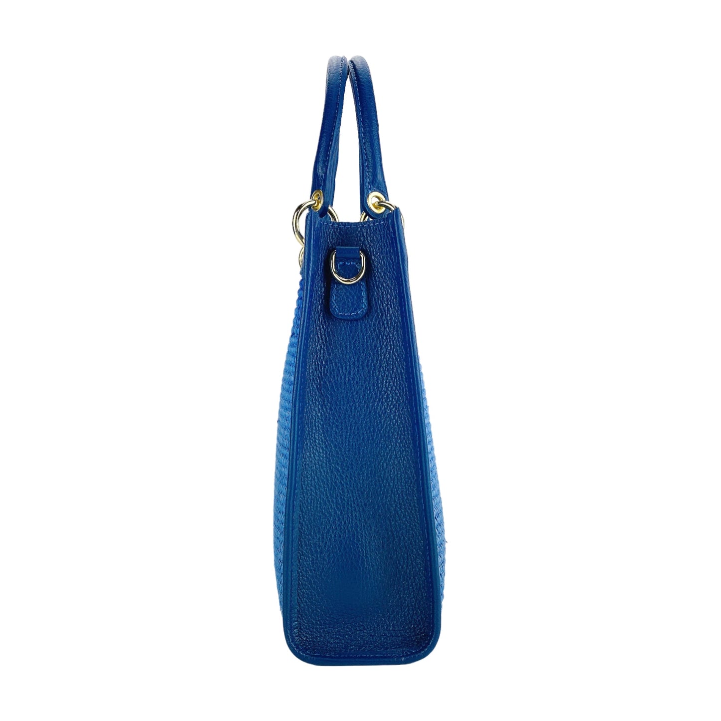 RB1026CH  | Borsa Donna a mano verticale in Vera Pelle e Paglia Made in Italy. Tracolla removibile e regolabile in pelle. Accessori Oro Lucido - Colore Blu Royal - Dimensioni: cm 24 x 29 x 9-3