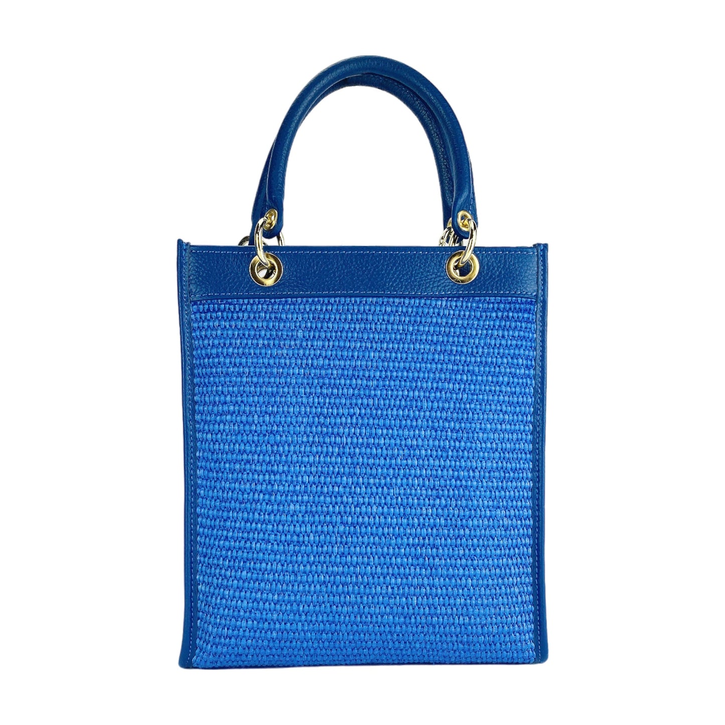 RB1026CH  | Borsa Donna a mano verticale in Vera Pelle e Paglia Made in Italy. Tracolla removibile e regolabile in pelle. Accessori Oro Lucido - Colore Blu Royal - Dimensioni: cm 24 x 29 x 9-4