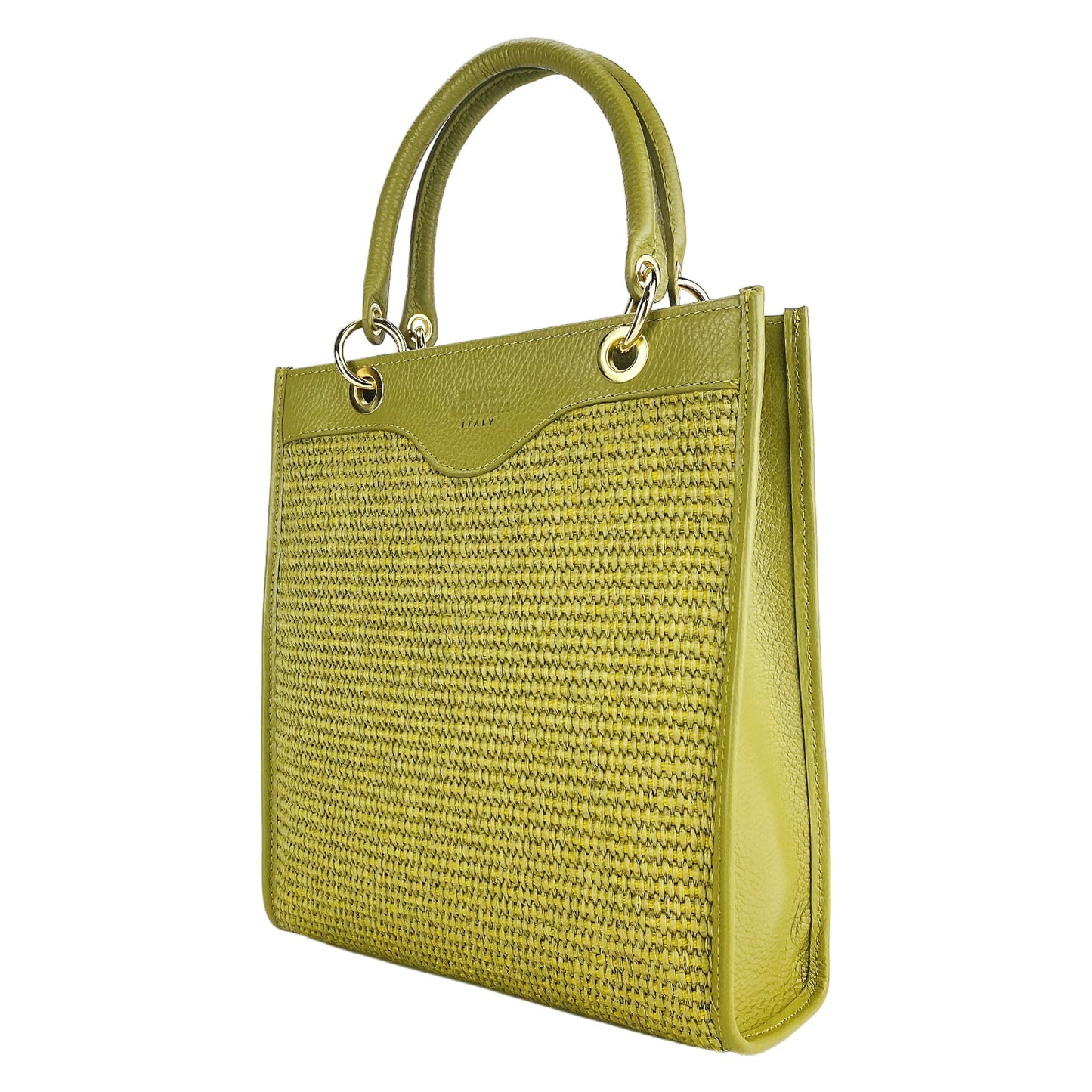 RB1026CM  | Borsa Donna a mano verticale in Vera Pelle e Paglia Made in Italy. Tracolla removibile e regolabile in pelle. Accessori Oro Lucido - Colore Pistacchio - Dimensioni: cm 24 x 29 x 9-0