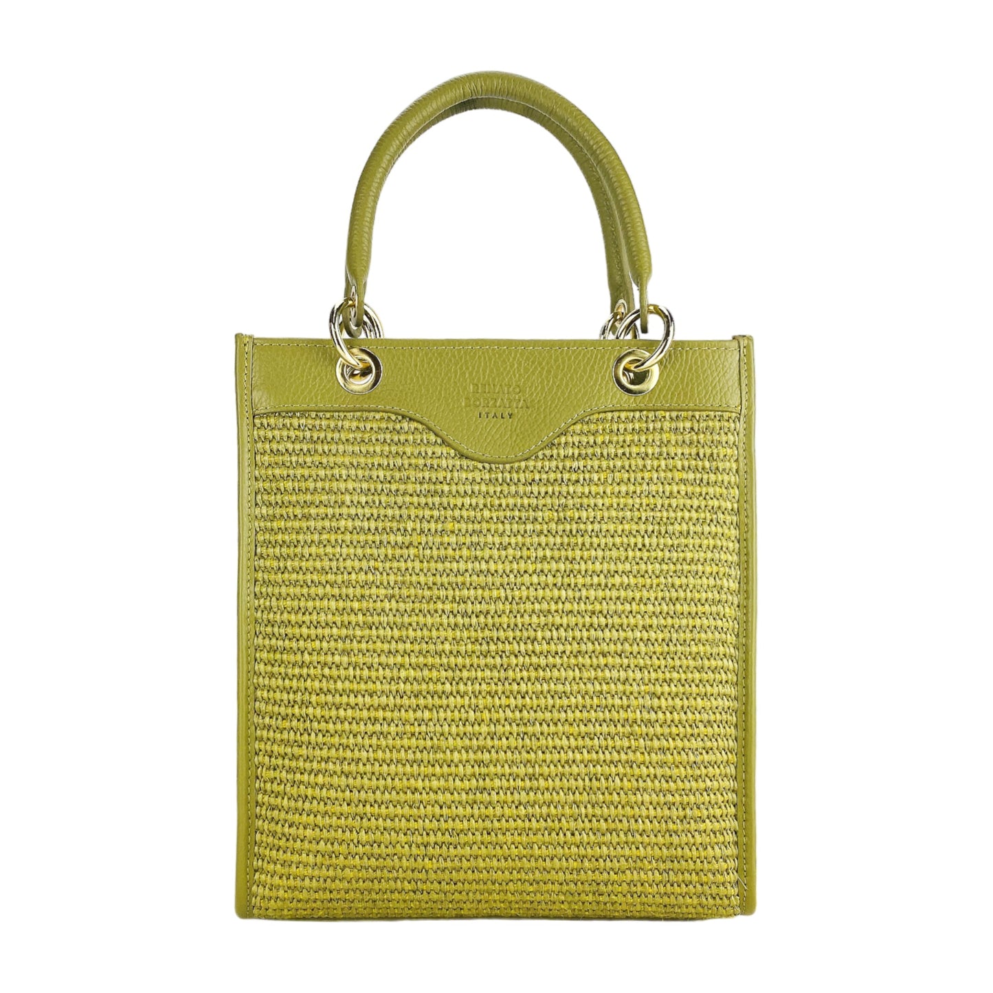 RB1026CM  | Borsa Donna a mano verticale in Vera Pelle e Paglia Made in Italy. Tracolla removibile e regolabile in pelle. Accessori Oro Lucido - Colore Pistacchio - Dimensioni: cm 24 x 29 x 9-1