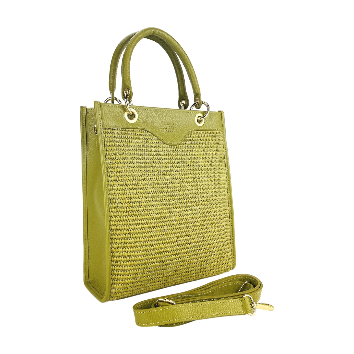 RB1026CM | Vertical women's handbag in genuine leather and straw Made in Italy. Removable and adjustable leather shoulder strap. Polished Gold Accessories - Pistachio Color - Dimensions: 24 x 29 x 9 cm-2