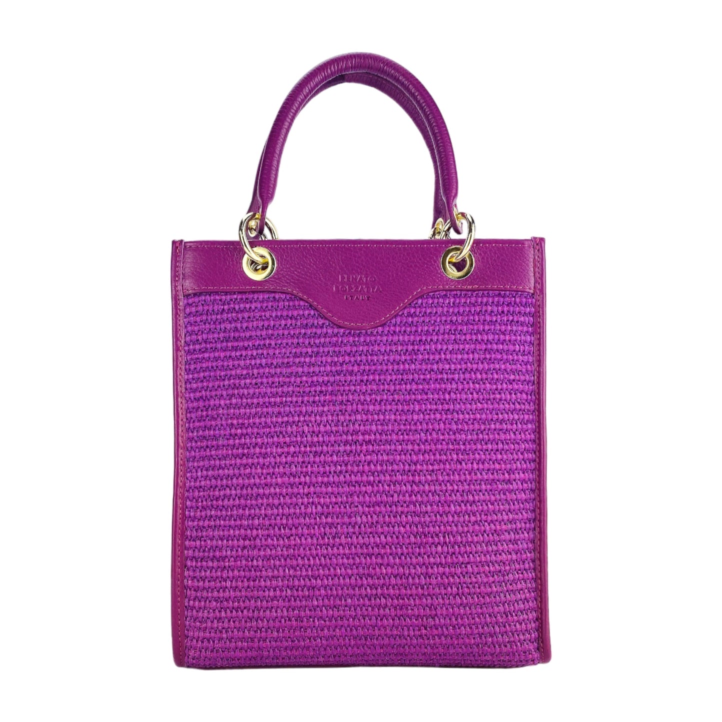 RB1026CN  | Borsa Donna a mano verticale in Vera Pelle e Paglia Made in Italy. Tracolla removibile e regolabile in pelle. Accessori Oro Lucido - Colore Lampone - Dimensioni: cm 24 x 29 x 9-1