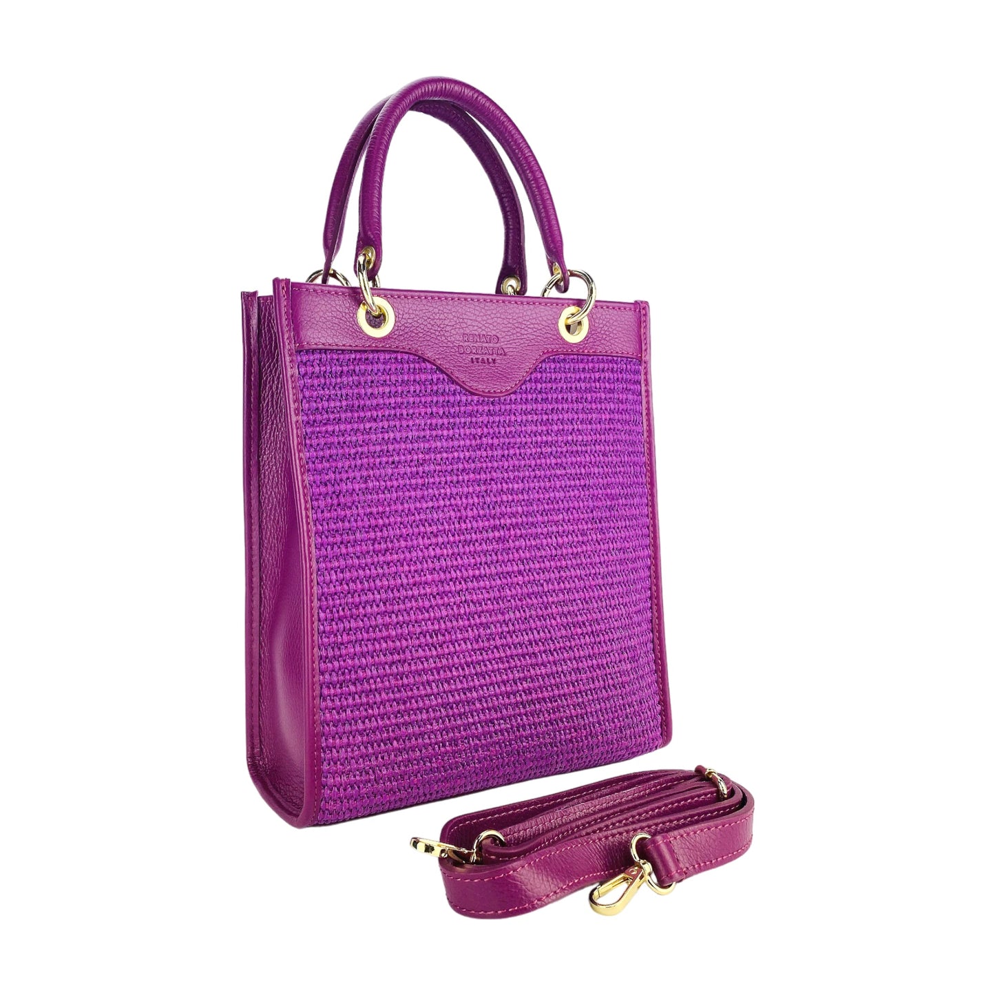 RB1026CN  | Borsa Donna a mano verticale in Vera Pelle e Paglia Made in Italy. Tracolla removibile e regolabile in pelle. Accessori Oro Lucido - Colore Lampone - Dimensioni: cm 24 x 29 x 9-2