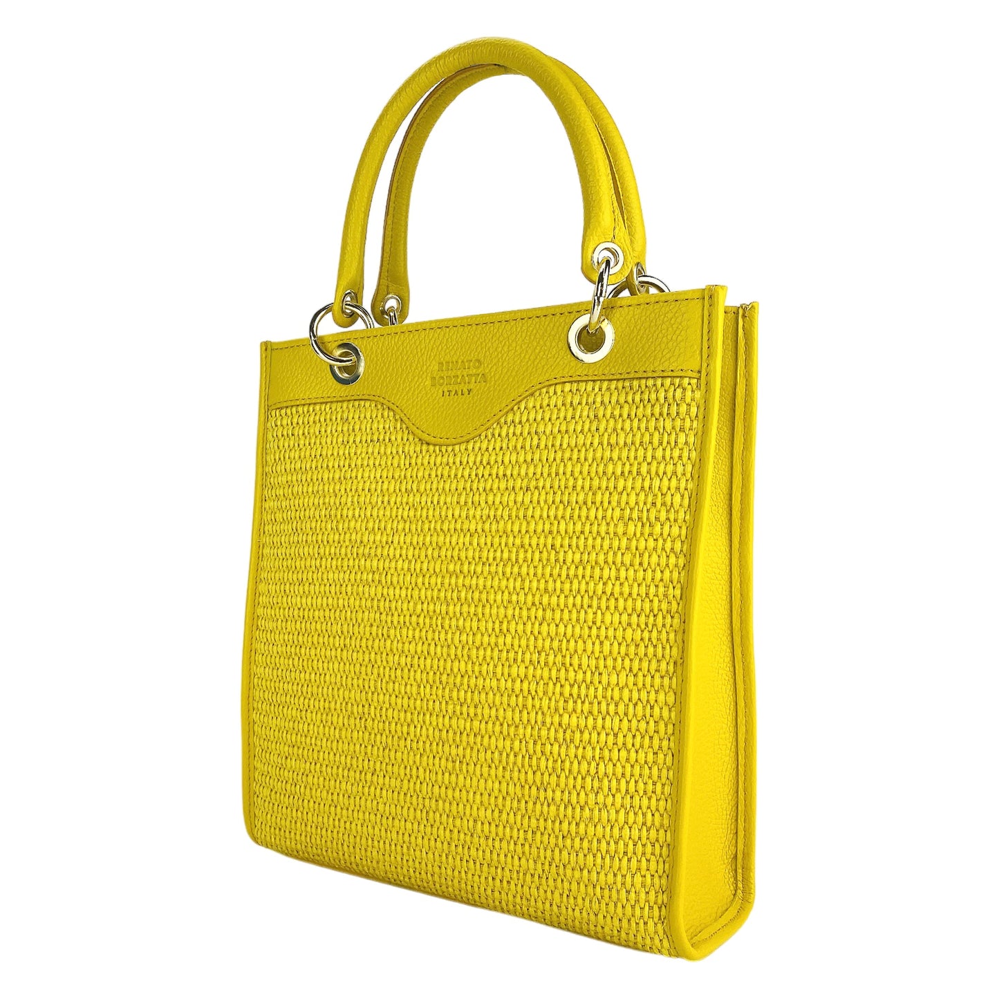 RB1026R  | Borsa Donna a mano verticale in Vera Pelle e Paglia Made in Italy. Tracolla removibile e regolabile in pelle. Accessori Oro Lucido - Colore Giallo - Dimensioni: cm 24 x 29 x 9-0