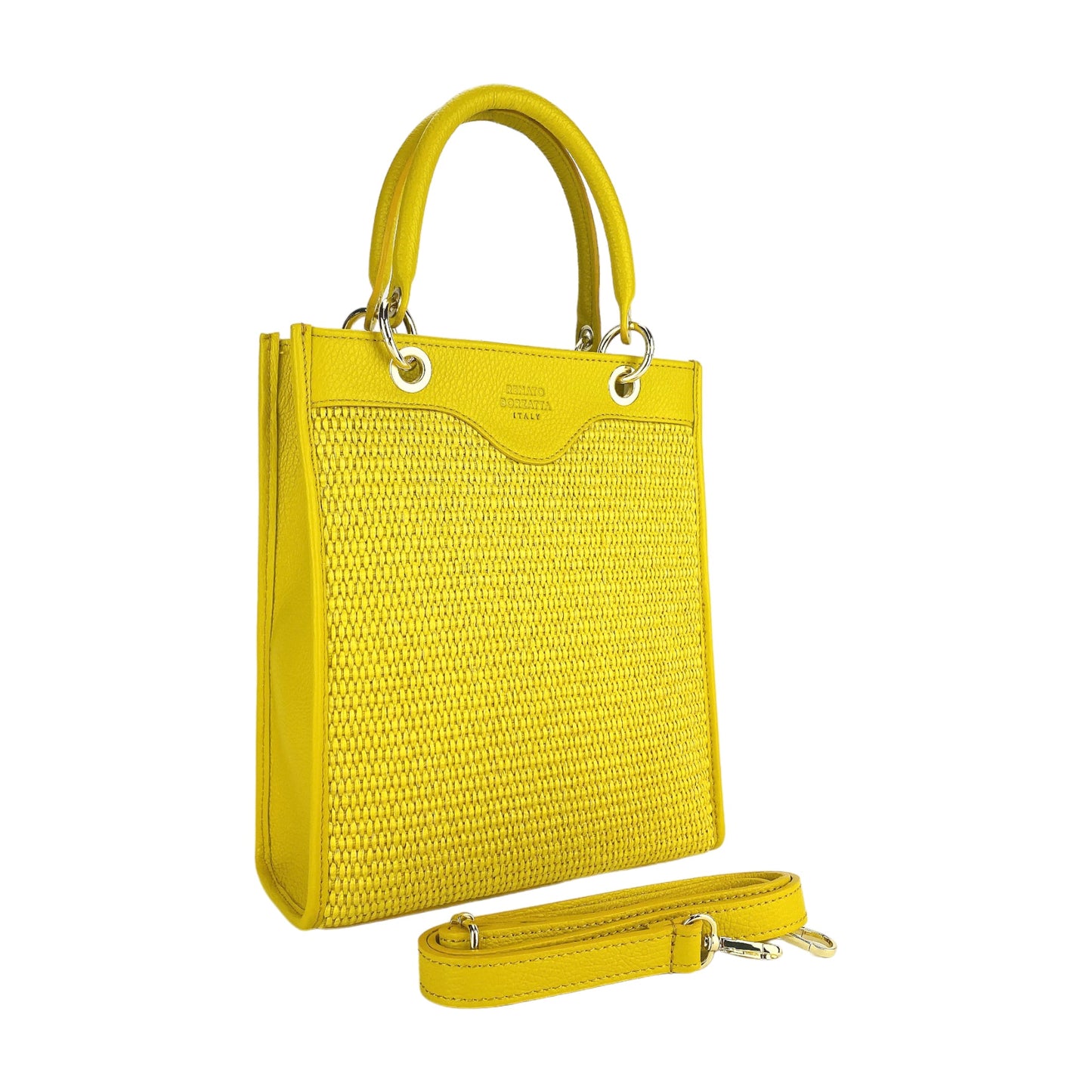 RB1026R  | Borsa Donna a mano verticale in Vera Pelle e Paglia Made in Italy. Tracolla removibile e regolabile in pelle. Accessori Oro Lucido - Colore Giallo - Dimensioni: cm 24 x 29 x 9-2