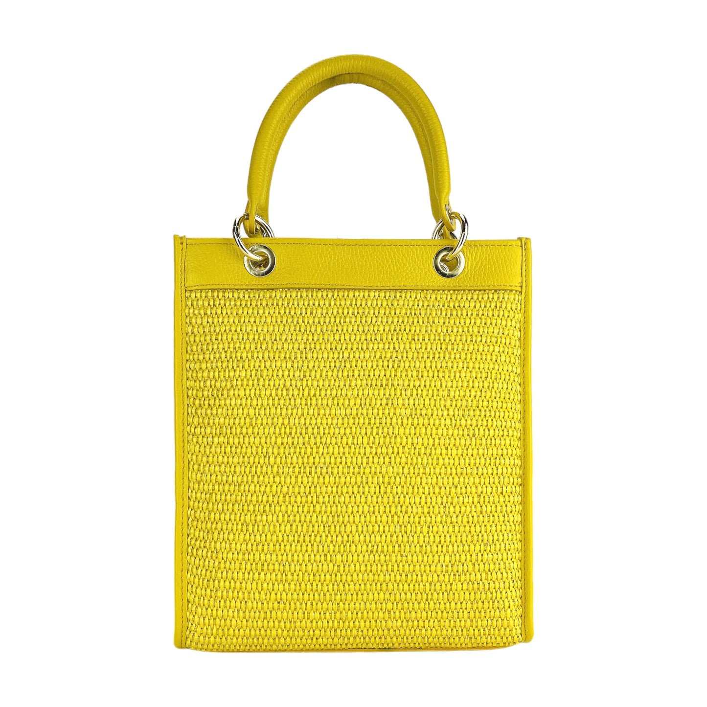 RB1026R  | Borsa Donna a mano verticale in Vera Pelle e Paglia Made in Italy. Tracolla removibile e regolabile in pelle. Accessori Oro Lucido - Colore Giallo - Dimensioni: cm 24 x 29 x 9-4