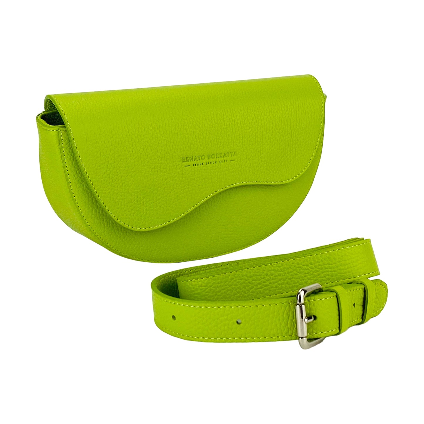 RB1027AD  | Borsa Donna a Bandoliera stondata in Vera Pelle Made in Italy. Tracolla removibile e regolabile in pelle. Accessori Nickel Lucido - Colore Lime - Dimensioni: cm 25 x 15 x 9-0