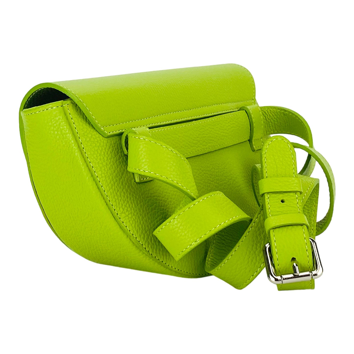 RB1027AD  | Borsa Donna a Bandoliera stondata in Vera Pelle Made in Italy. Tracolla removibile e regolabile in pelle. Accessori Nickel Lucido - Colore Lime - Dimensioni: cm 25 x 15 x 9-3