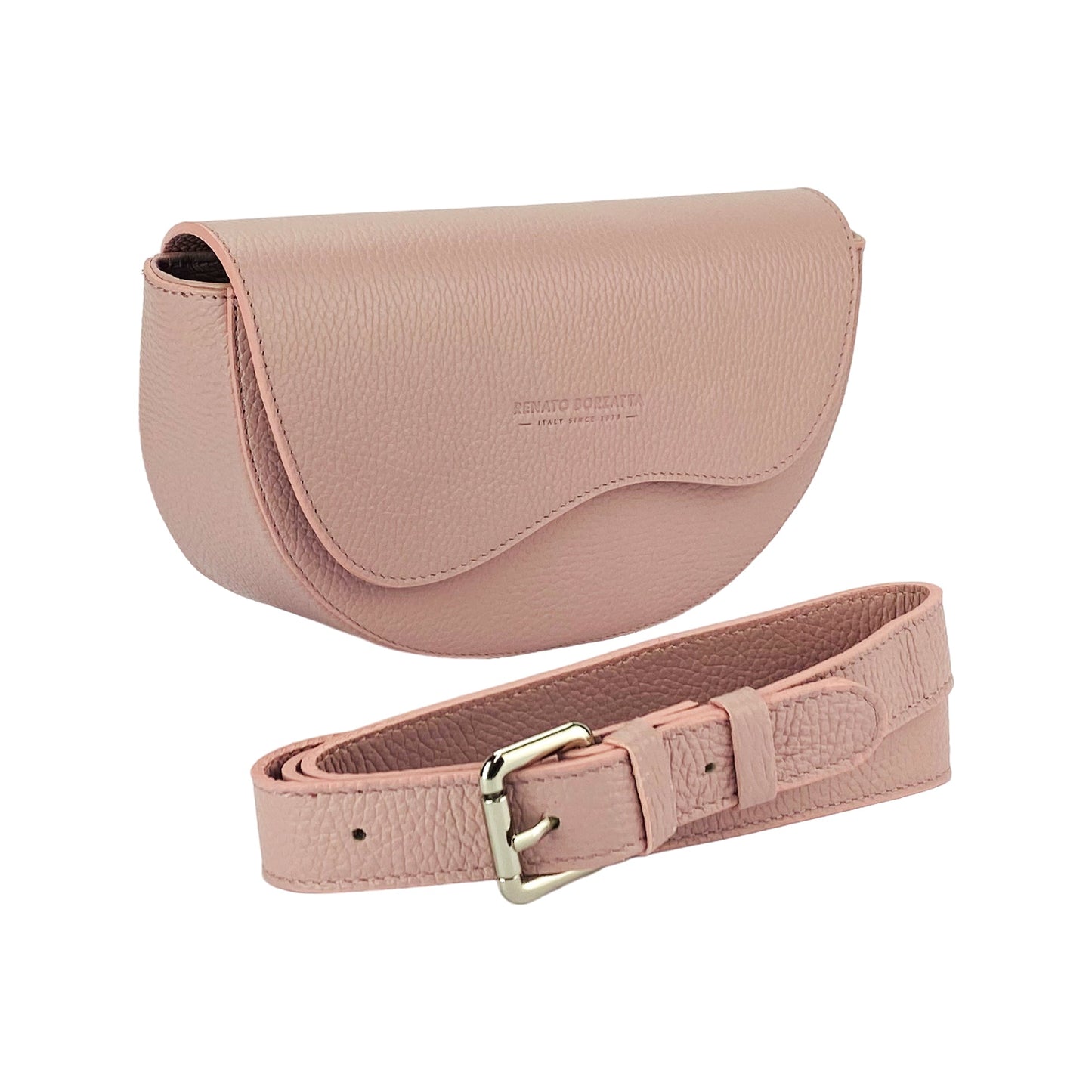 RB1027AZ  | Borsa Donna a Bandoliera stondata in Vera Pelle Made in Italy. Tracolla removibile e regolabile in pelle. Accessori Nickel Lucido - Colore Rosa Antico - Dimensioni: cm 25 x 15 x 9-0