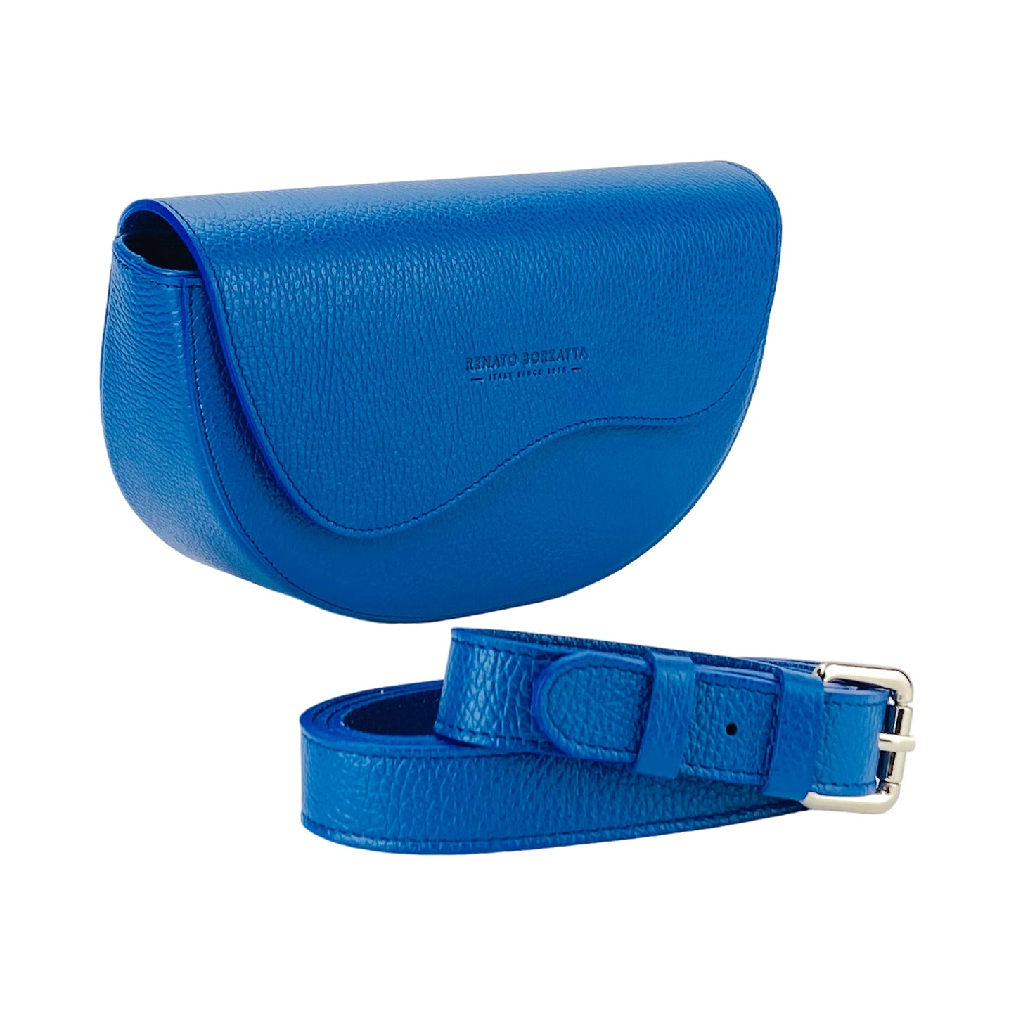 RB1027CH  | Borsa Donna a Bandoliera stondata in Vera Pelle Made in Italy. Tracolla removibile e regolabile in pelle. Accessori Nickel Lucido - Colore Blu Royal - Dimensioni: cm 25 x 15 x 9-0