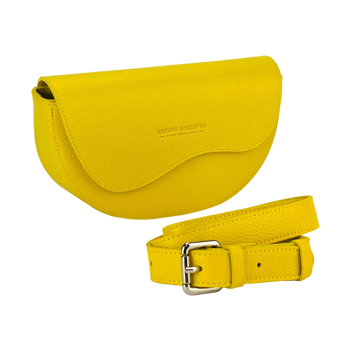 RB1027R | Borsa Donna a Bandoliera stondata in Vera Pelle Made in Italy. Tracolla removibile e regolabile in pelle. Accessori Nickel Lucido - Colore Giallo - Dimensioni: cm 25 x 15 x 9-0