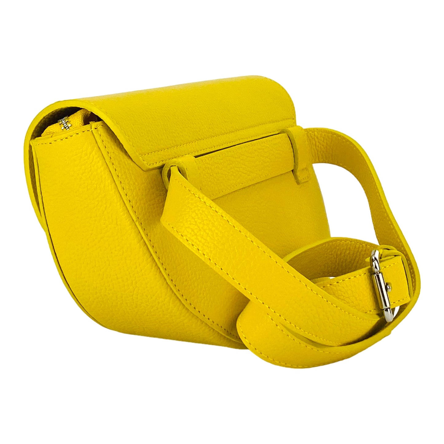 RB1027R | Borsa Donna a Bandoliera stondata in Vera Pelle Made in Italy. Tracolla removibile e regolabile in pelle. Accessori Nickel Lucido - Colore Giallo - Dimensioni: cm 25 x 15 x 9-3