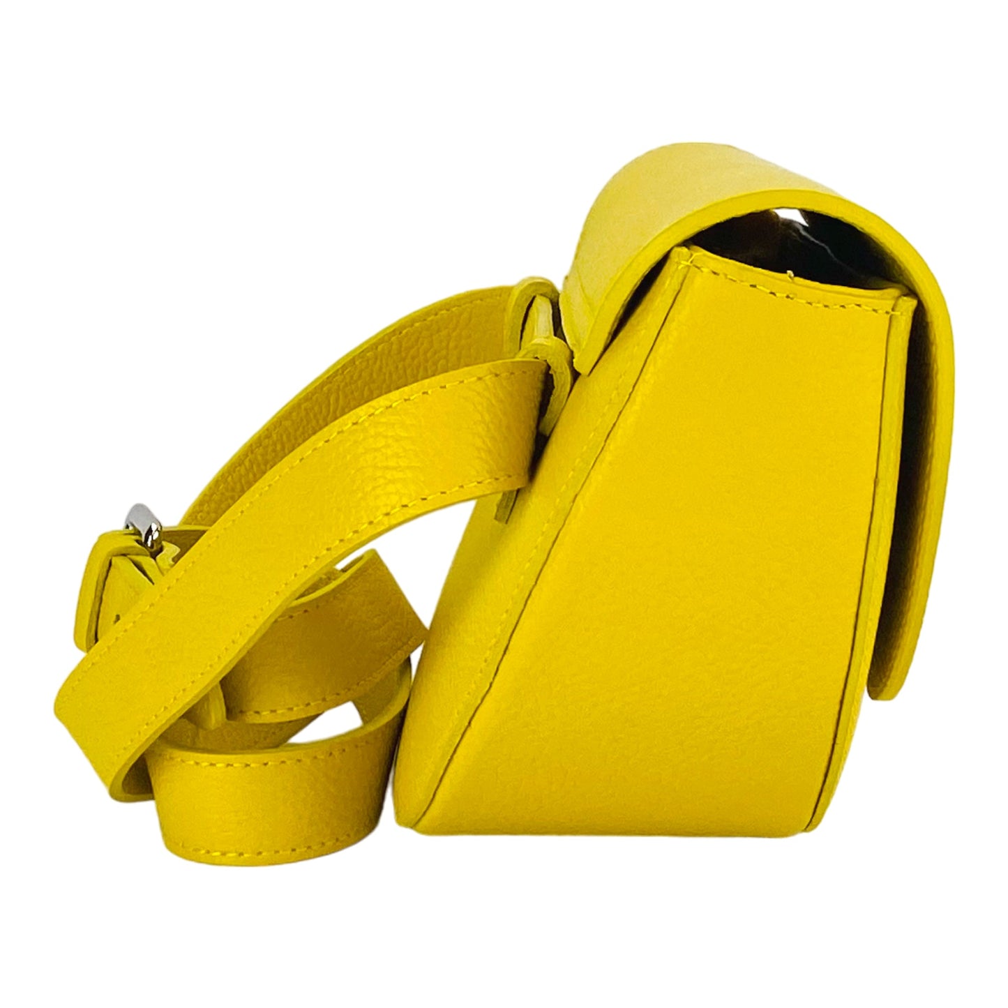 RB1027R | Borsa Donna a Bandoliera stondata in Vera Pelle Made in Italy. Tracolla removibile e regolabile in pelle. Accessori Nickel Lucido - Colore Giallo - Dimensioni: cm 25 x 15 x 9-4