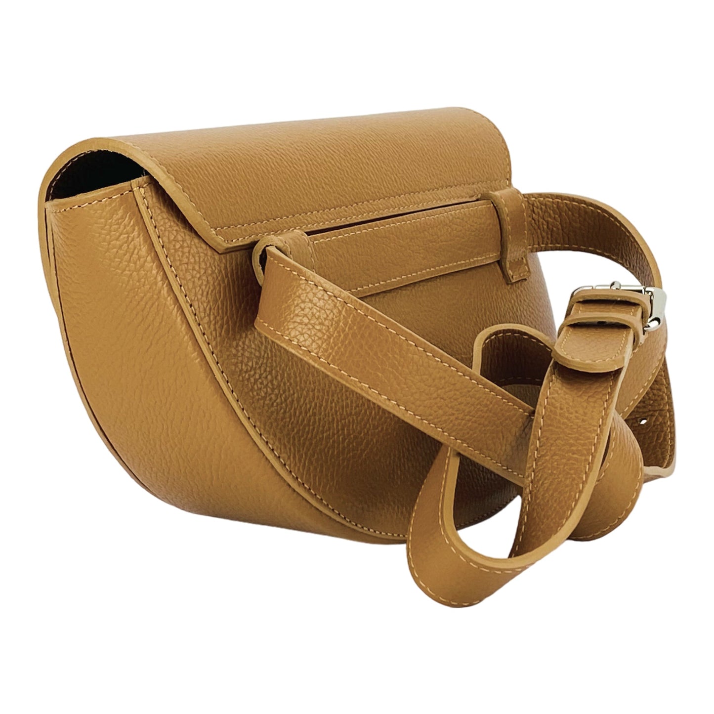 RB1027S | Borsa Donna a Bandoliera stondata in Vera Pelle Made in Italy. Tracolla removibile e regolabile in pelle. Accessori Nickel Lucido - Colore Cognac - Dimensioni: cm 25 x 15 x 9-3