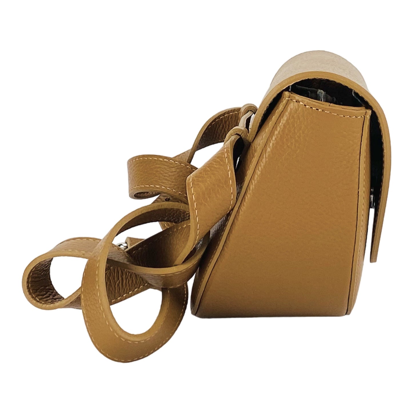 RB1027S | Borsa Donna a Bandoliera stondata in Vera Pelle Made in Italy. Tracolla removibile e regolabile in pelle. Accessori Nickel Lucido - Colore Cognac - Dimensioni: cm 25 x 15 x 9-4