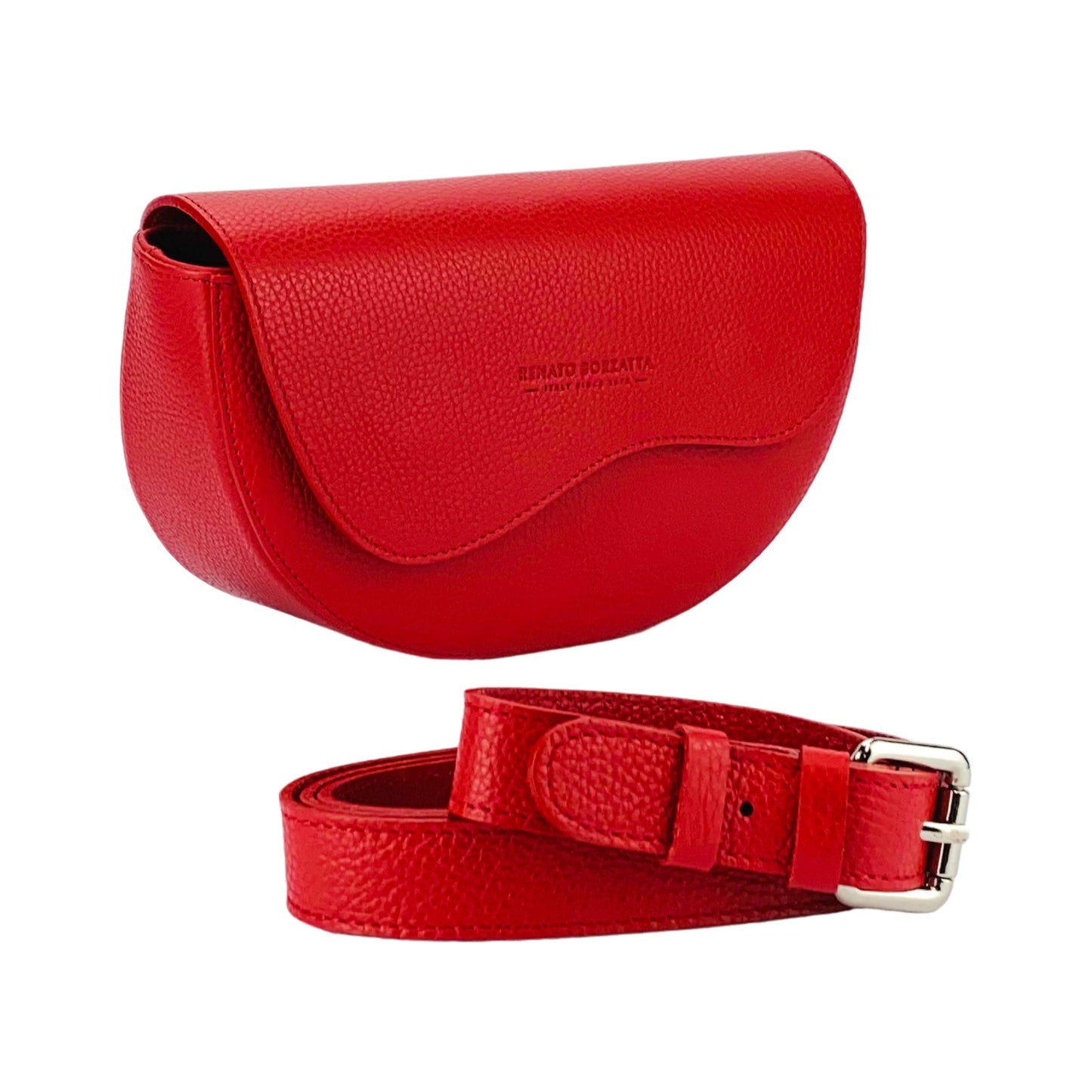 RB1027V | Borsa Donna a Bandoliera stondata in Vera Pelle Made in Italy. Tracolla removibile e regolabile in pelle. Accessori Nickel Lucido - Colore Rosso - Dimensioni: cm 25 x 15 x 9-0