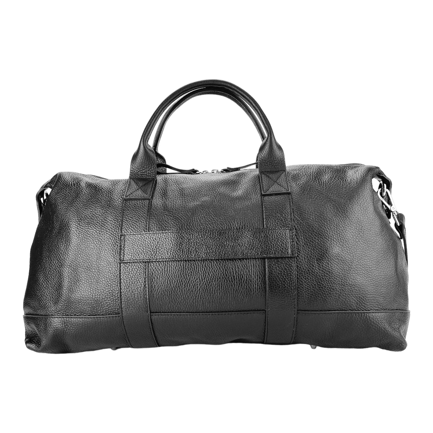 RB1029A | Borsone da Viaggio in Vera Pelle Made in Italy con Tracolla regolabile e removibile. Chiusura con lampo e Accessori in metallo Nickel Lucido - Colore Nero - Dimensioni: cm 57 x 26 x 24-3