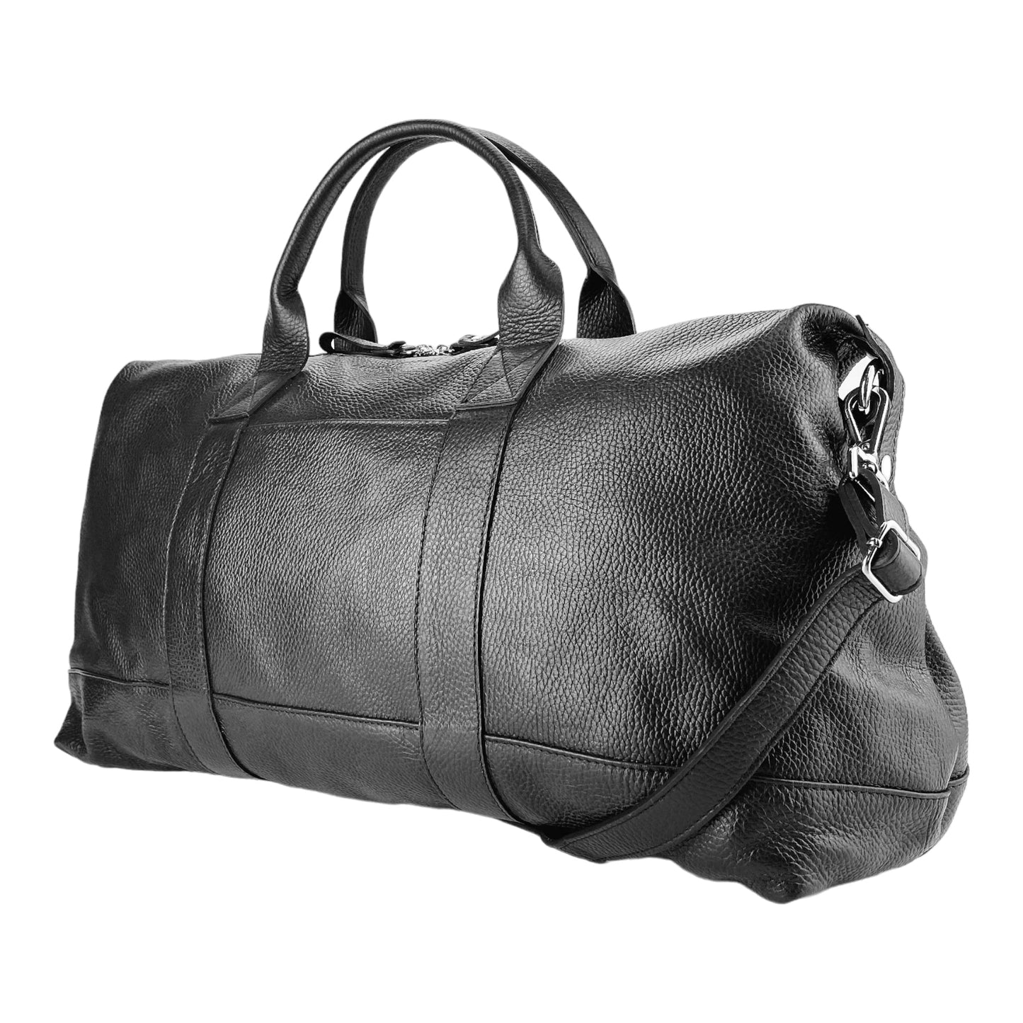 RB1029A | Borsone da Viaggio in Vera Pelle Made in Italy con Tracolla regolabile e removibile. Chiusura con lampo e Accessori in metallo Nickel Lucido - Colore Nero - Dimensioni: cm 57 x 26 x 24-4