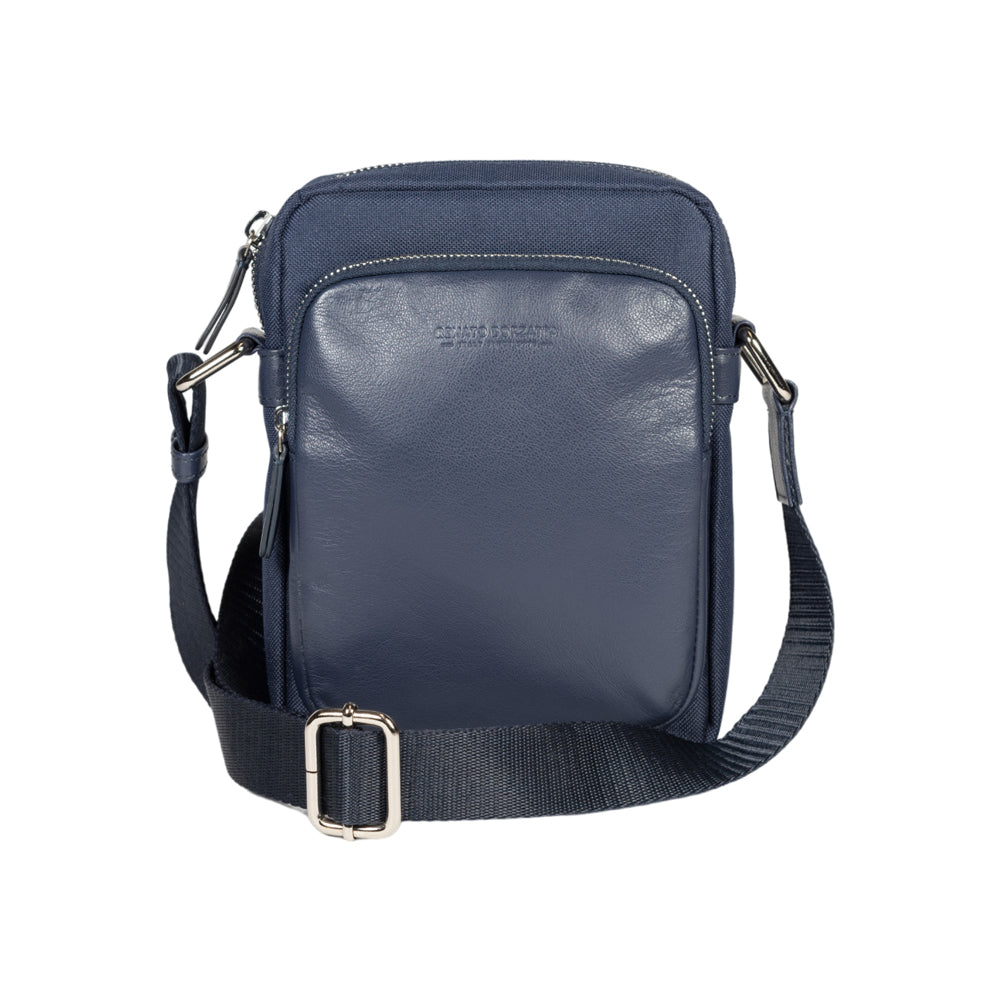 RB2002D | Nylon/Genuine Leather Shoulder Bag, with light grain. Zip closure and adjustable shoulder strap - Color Blue - Dimensions: cm 15.5 x 21 x 7. Packaging: Non-woven fabric bag-1