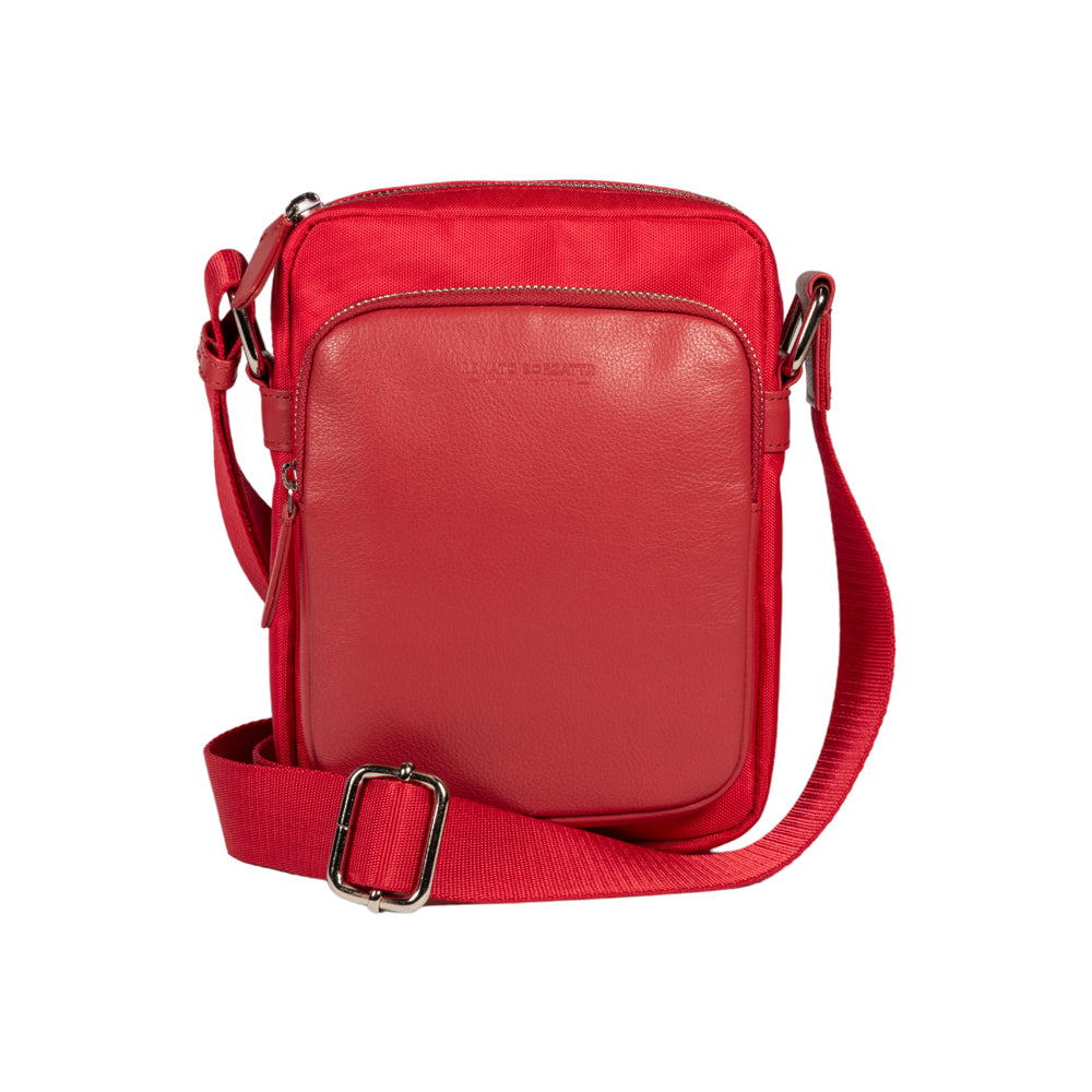 RB2002V | Borsa a Tracolla in Nylon/Vera Pelle, con leggera grana. Chiusura con lampo e tracolla regolabile - Colore Rosso - Dimensioni: cm 15,5 x 21 x 7. Confezione: Sacchetto in Tessuto non Tessuto-1