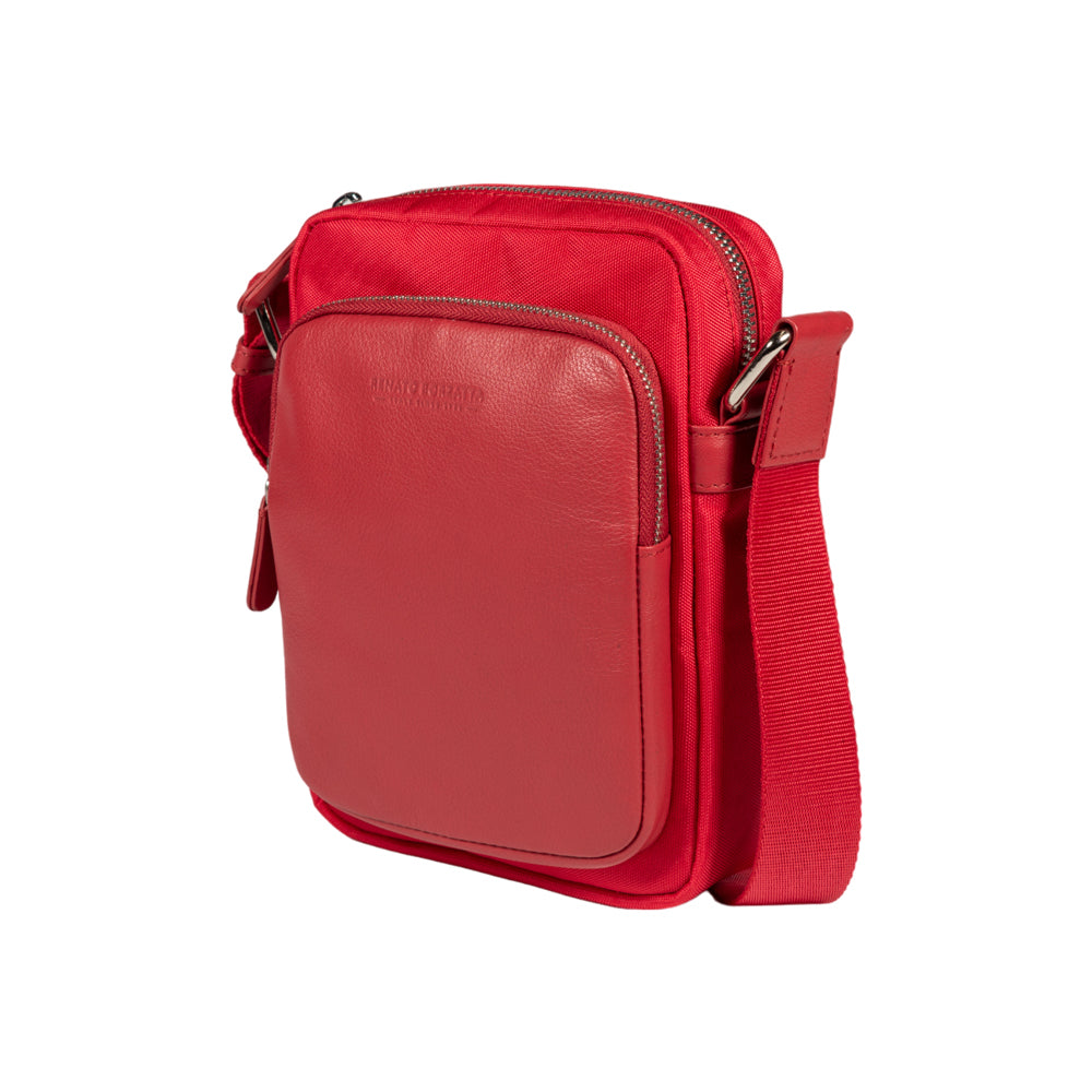 RB2002V | Borsa a Tracolla in Nylon/Vera Pelle, con leggera grana. Chiusura con lampo e tracolla regolabile - Colore Rosso - Dimensioni: cm 15,5 x 21 x 7. Confezione: Sacchetto in Tessuto non Tessuto-0