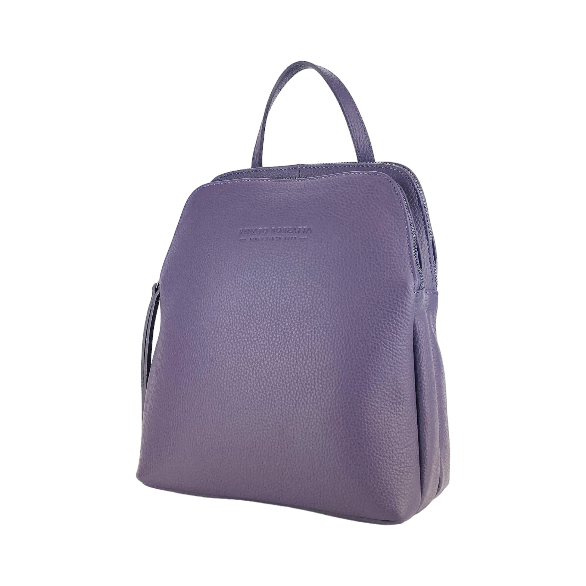 RB1018Y | Zaino Donna Doppio scomparto in Vera Pelle Made in Italy con spallacci regolabili. Accessori in metallo Canna di Fucile - Colore Viola - Dimensioni: cm 26 x 30 x 14,5-1