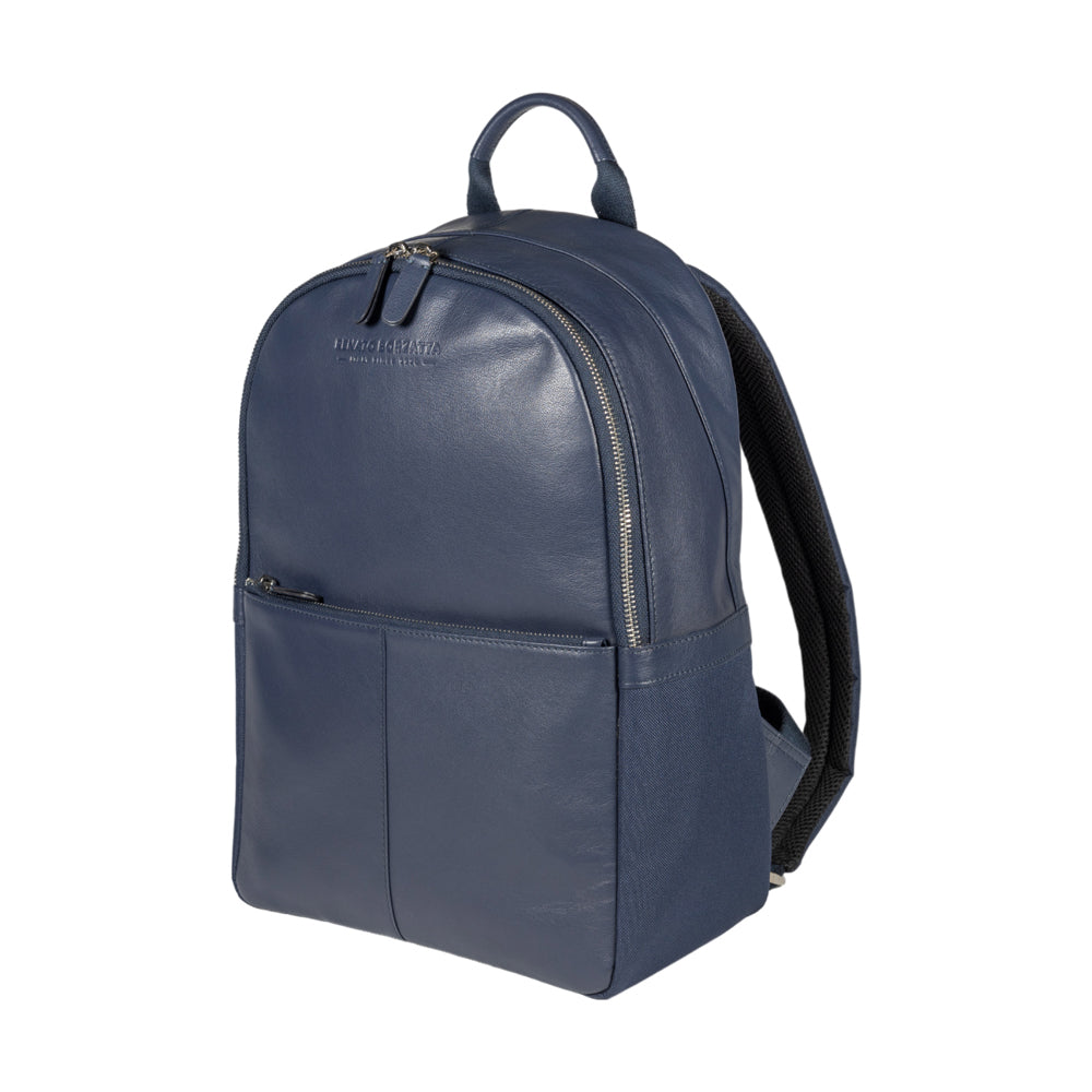 RB2001D | Nylon/Genuine Leather Netbook/Tablet Backpack, with light grain. Zip closure and adjustable shoulder straps - Color Blue - Dimensions: cm 27 x 38 x 14. Packaging: Non-woven fabric bag-0